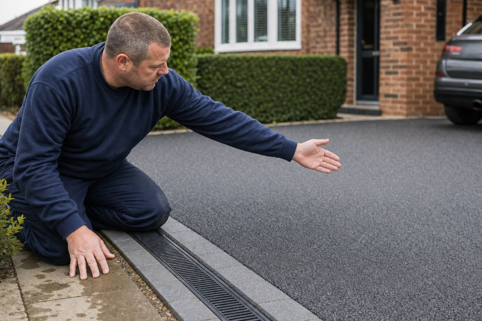 A man in a blue jumper inspects the edge of a freshly paved driveway outside a brick house.