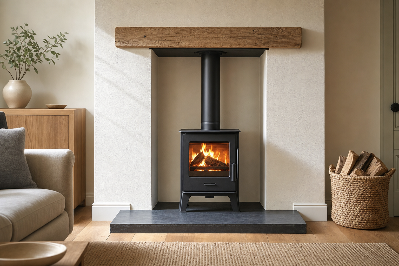 A cosy living room features a lit wood-burning stove with a basket of logs nearby.