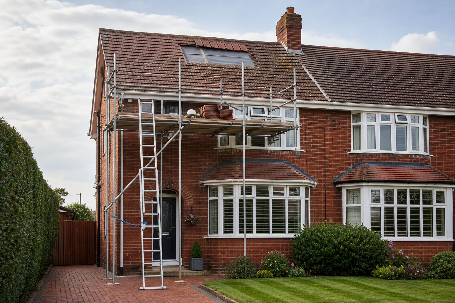 Scaffolding set up on a brick semi-detached house for roof repairs, with a ladder leading to the platform.