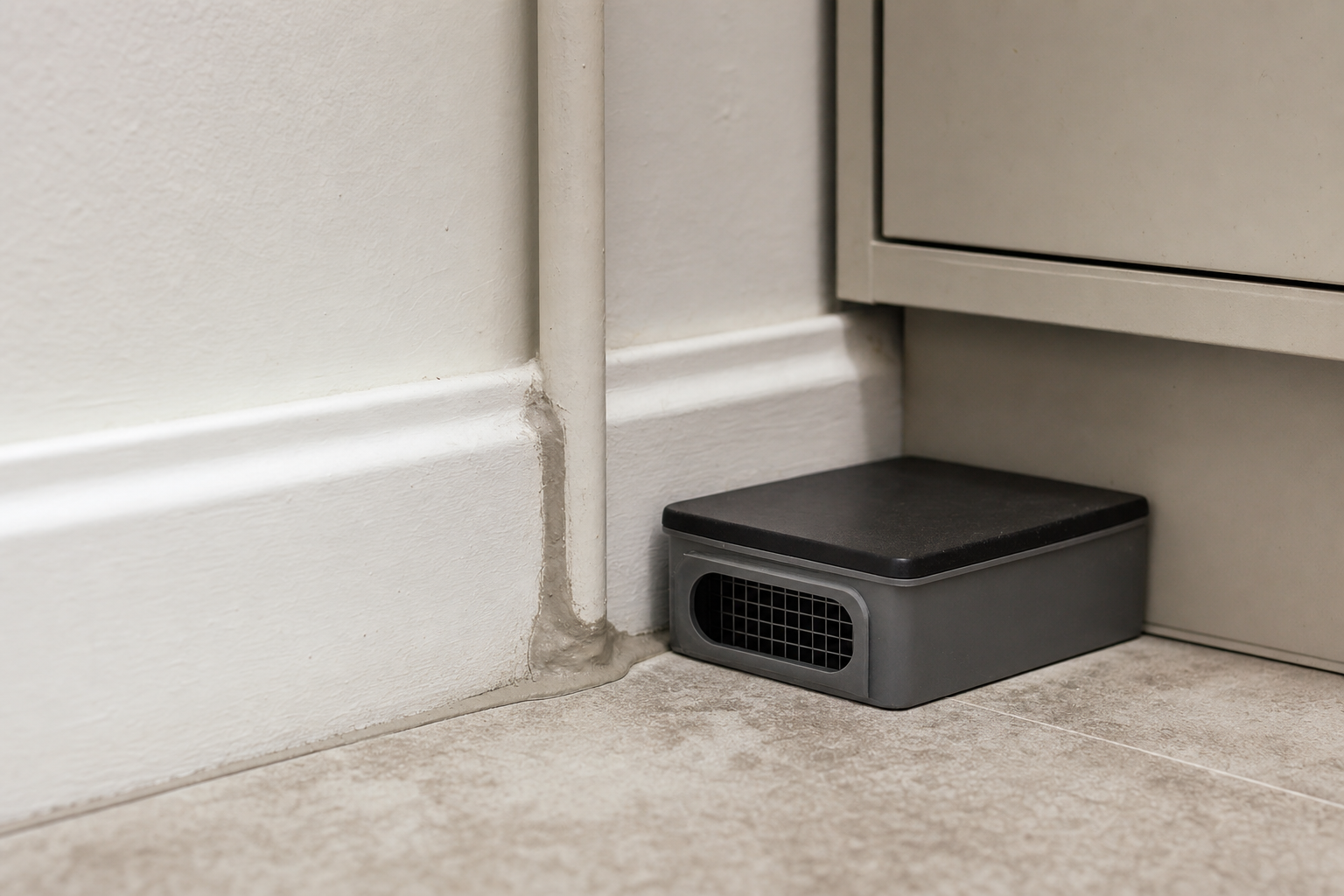 A black and grey pest control trap placed in the corner of a tiled room.