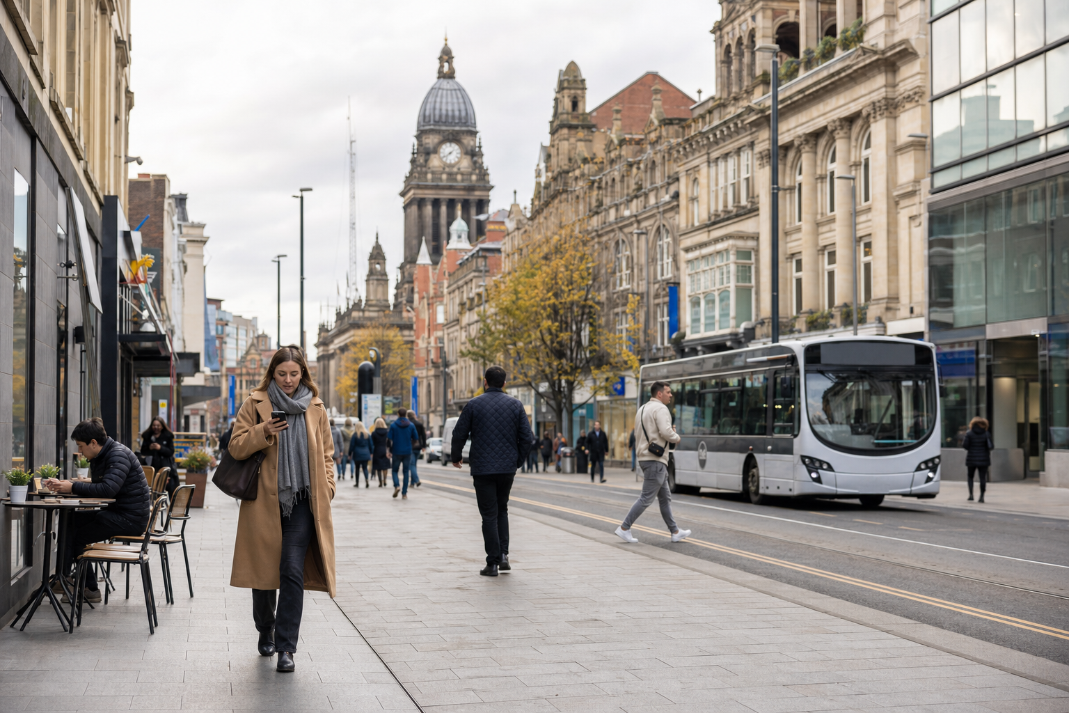 A woman in a tan coat walks along a city street, looking at her phone, with a historic building and bus in the background.