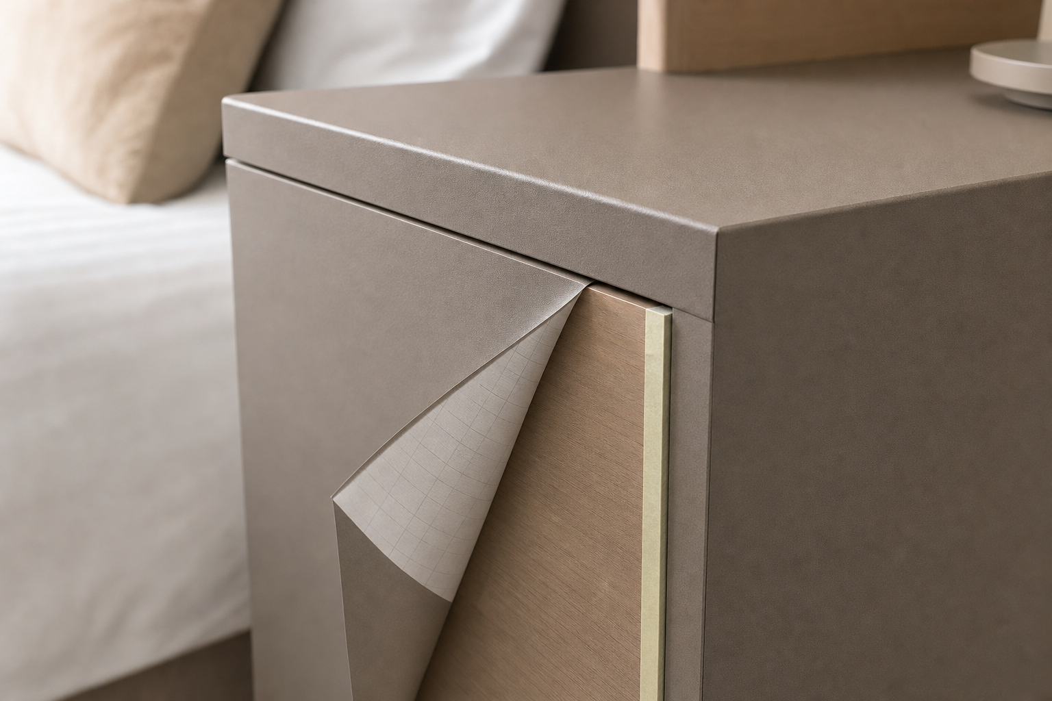 A corner of a bedside table with its vinyl wrap partially peeled back, revealing the wood underneath.