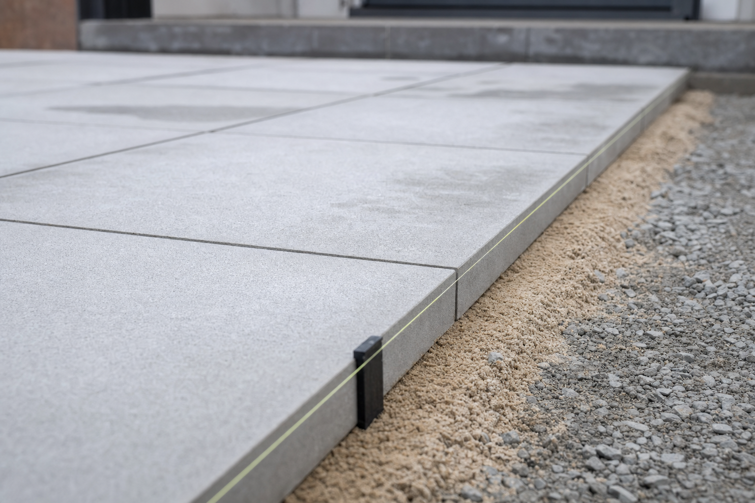 Newly laid grey paving slabs with a taut guideline on gravel and sand base.