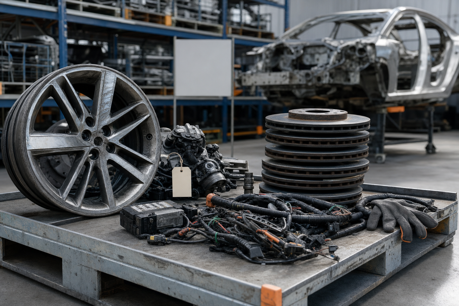 Car parts, including a wheel and brake discs, on a pallet in an automotive workshop.