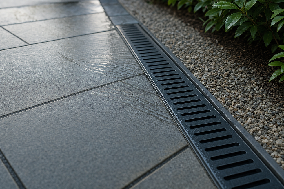 Wet paving slabs and a metal drainage grate beside a gravel and plant border.