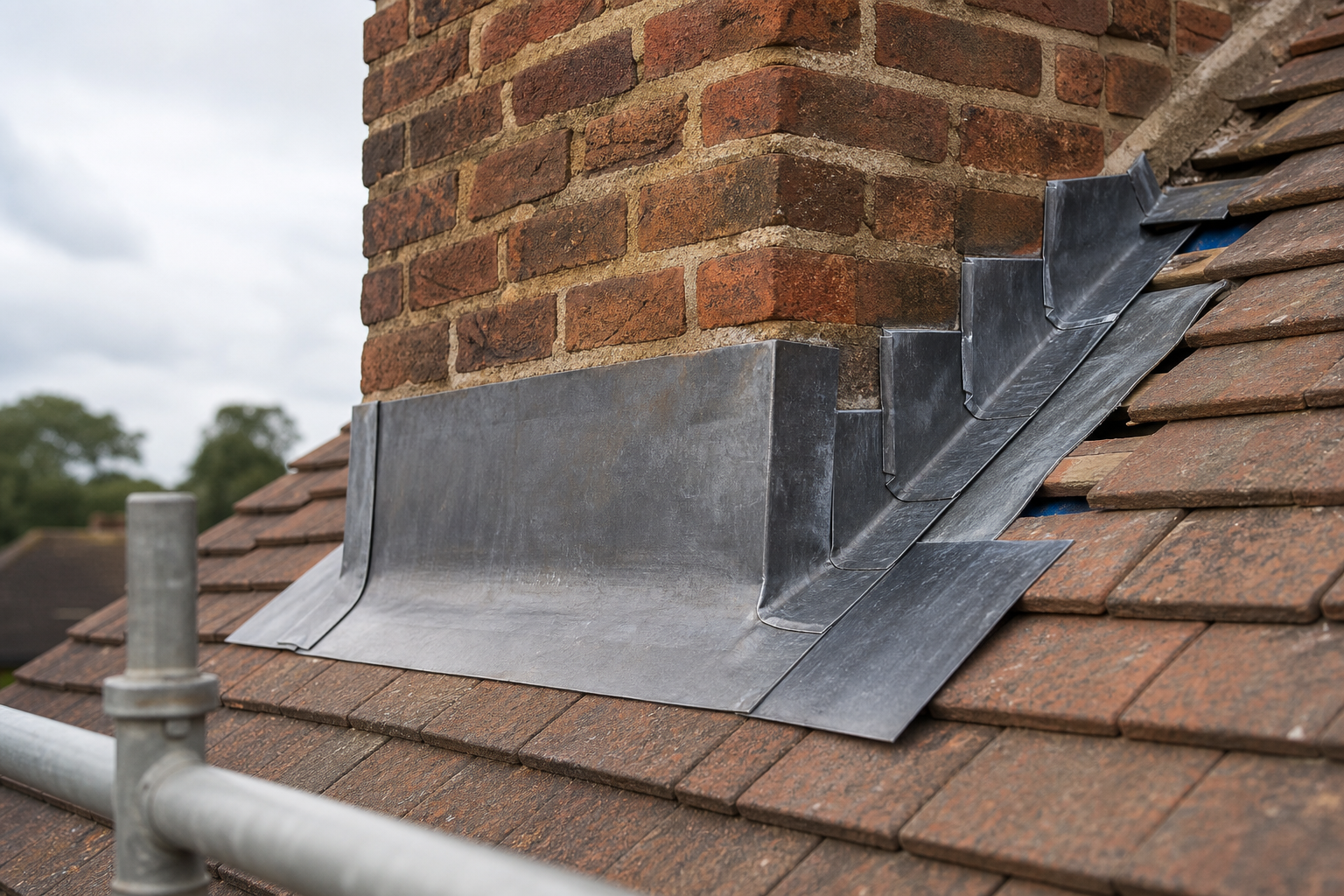 Lead flashing installed around a brick chimney on a tiled roof, with scaffolding visible in the foreground.