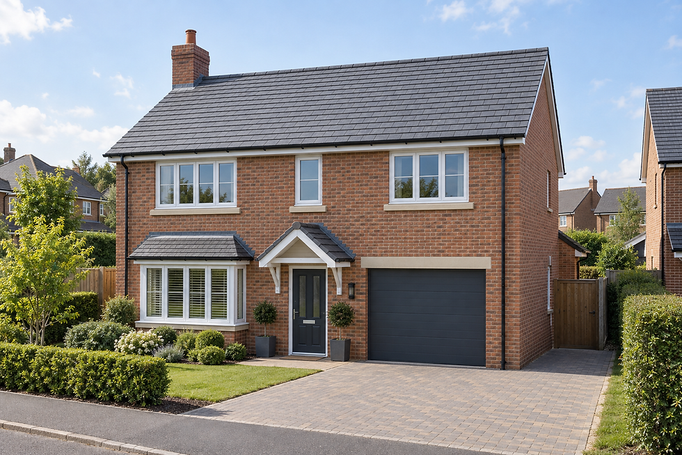 A modern two-storey brick house with a slate roof, a large garage, and a neatly landscaped front garden.