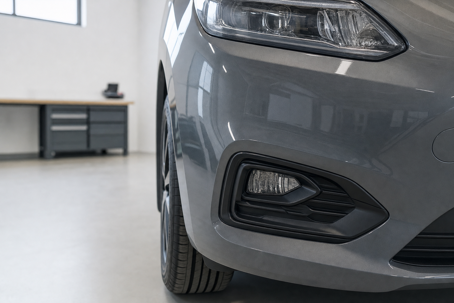 Close-up of a grey car's front bumper and headlight in a garage setting with a workbench in the background.