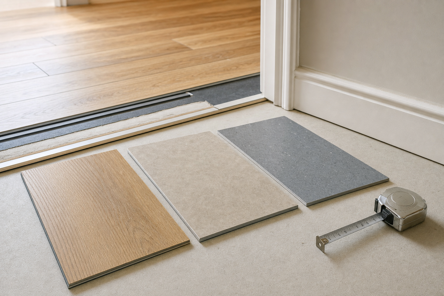 Three flooring samples and a tape measure laid out near a doorway with wooden flooring.