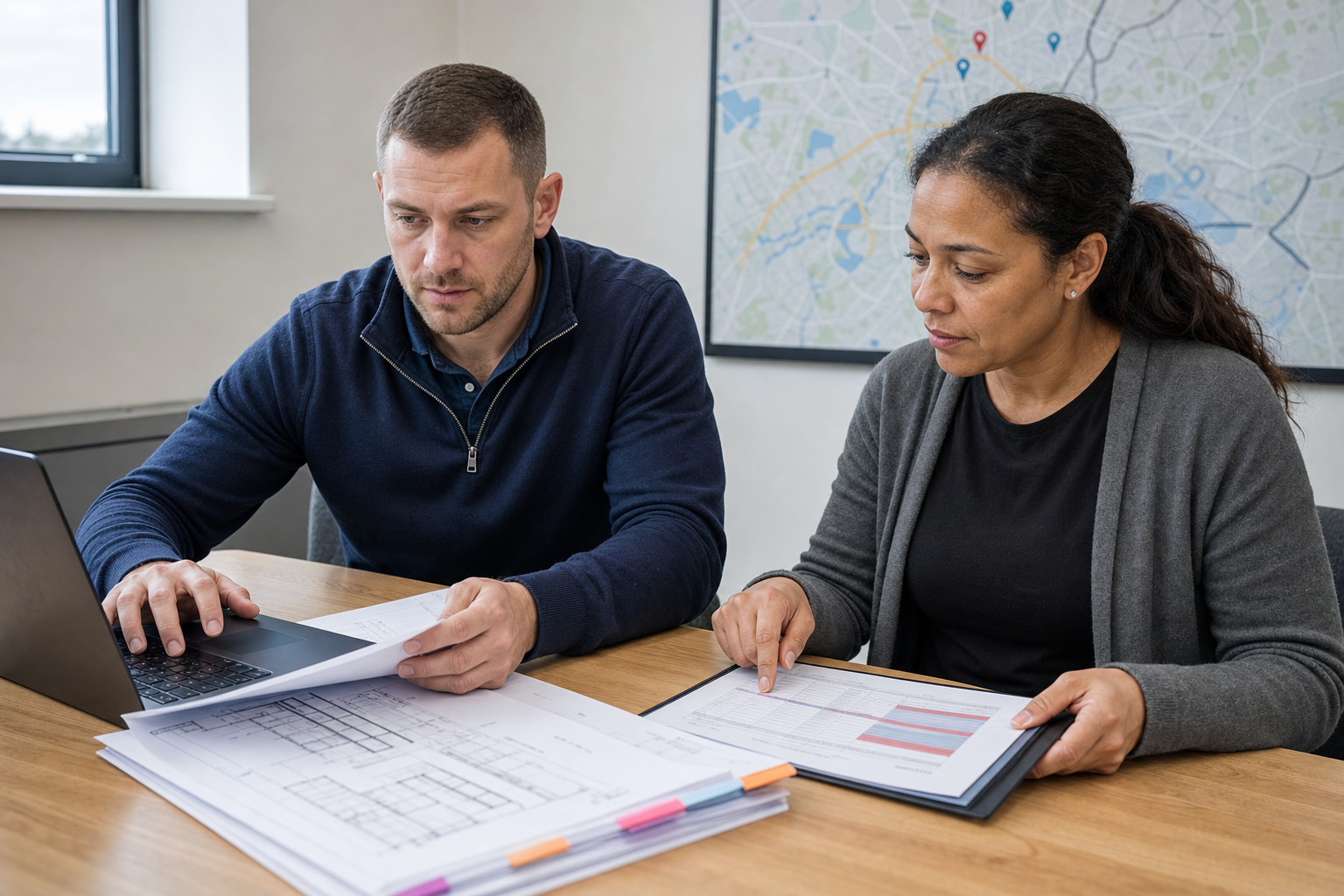 Two people discussing architectural plans at a desk with a laptop and a map on the wall.