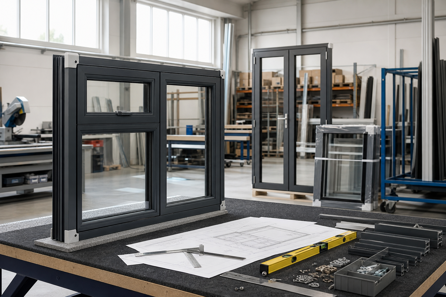Workshop with windows in construction, parts on table, and tools for assembly.