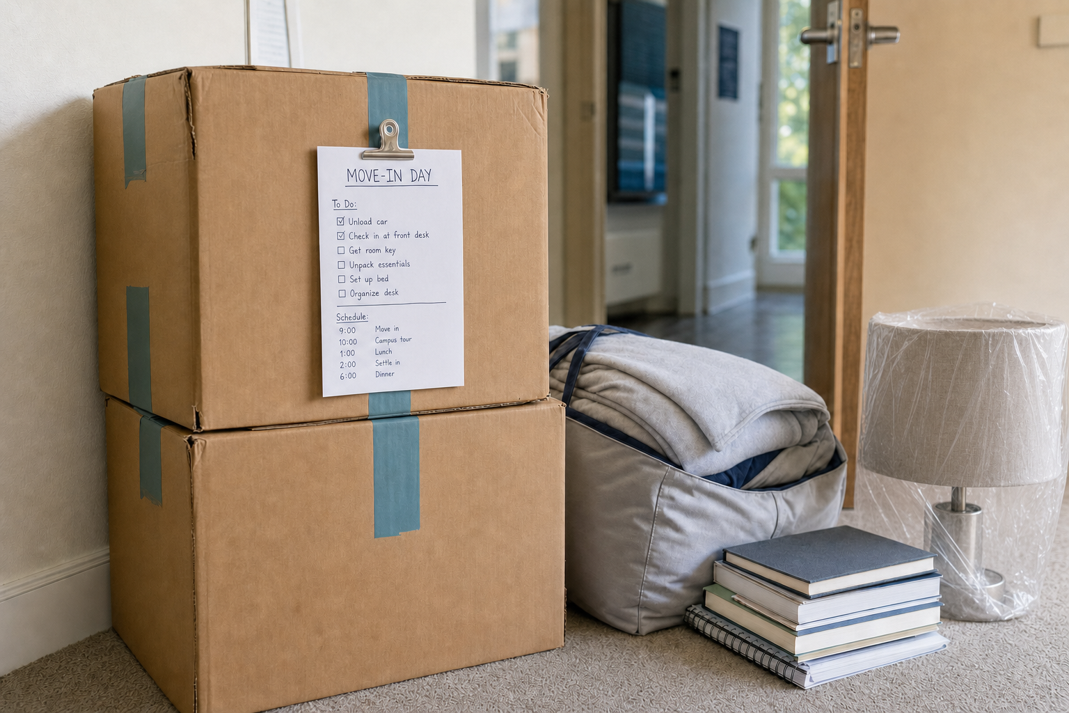 Cardboard boxes with a move-in day checklist, bedding, books, and a wrapped lamp in an open doorway.