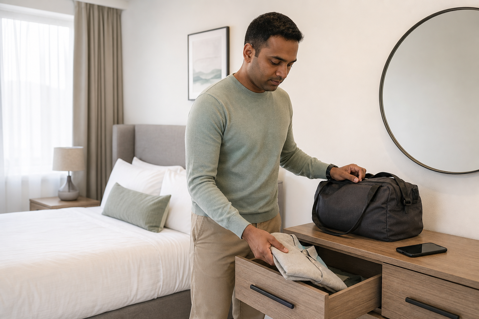 A man in a green jumper packs clothes into a black bag on a wooden dresser in a tidy, modern bedroom.