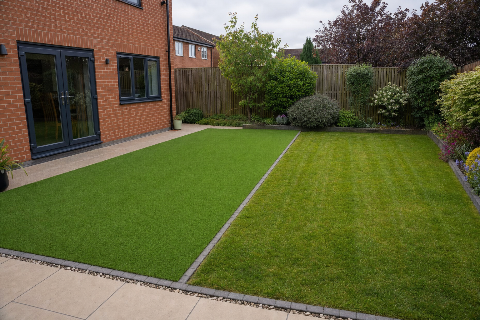 A small garden with artificial turf and a natural lawn, bordered by shrubs and a wooden fence.
