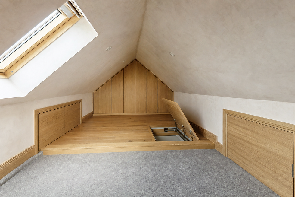 Modern attic space with wooden panelling, a skylight, and a hatch door open on the wooden floor.