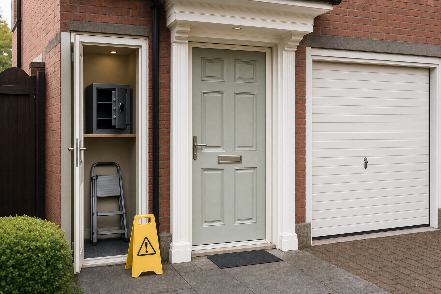 A new safe is installed in an open utility cupboard next to a front door, with a yellow caution sign nearby.