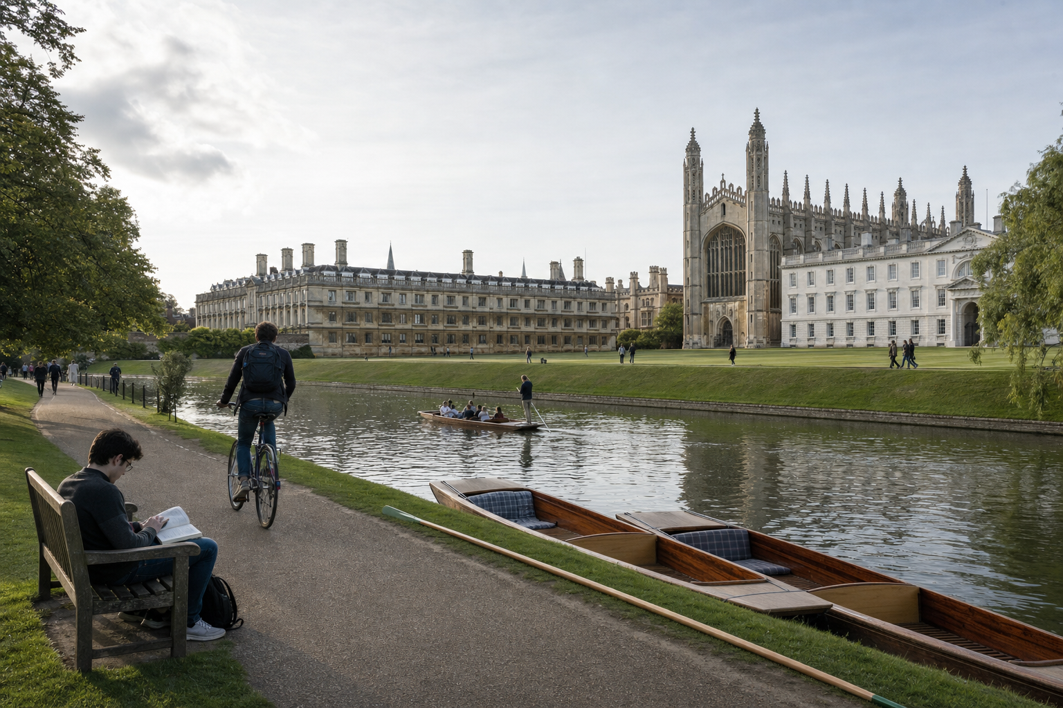 A cyclist rides beside the River Cam with King's College Chapel in the background in Cambridge, UK.