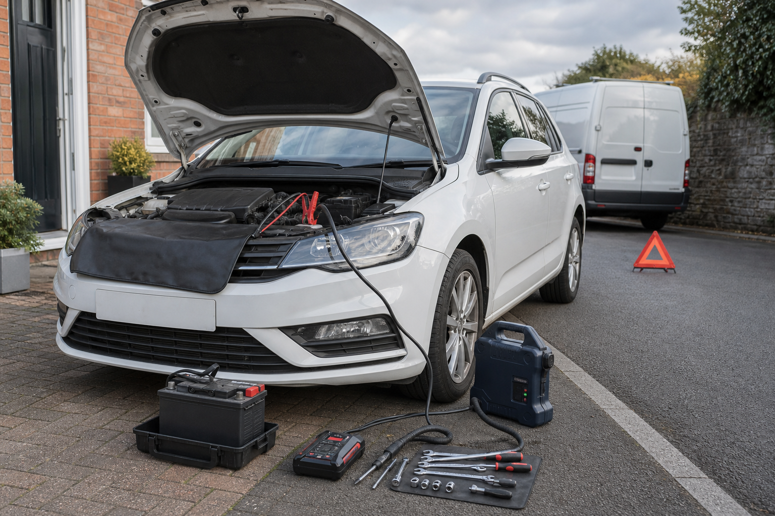 Car with open hood on a driveway, surrounded by tools and a warning triangle.