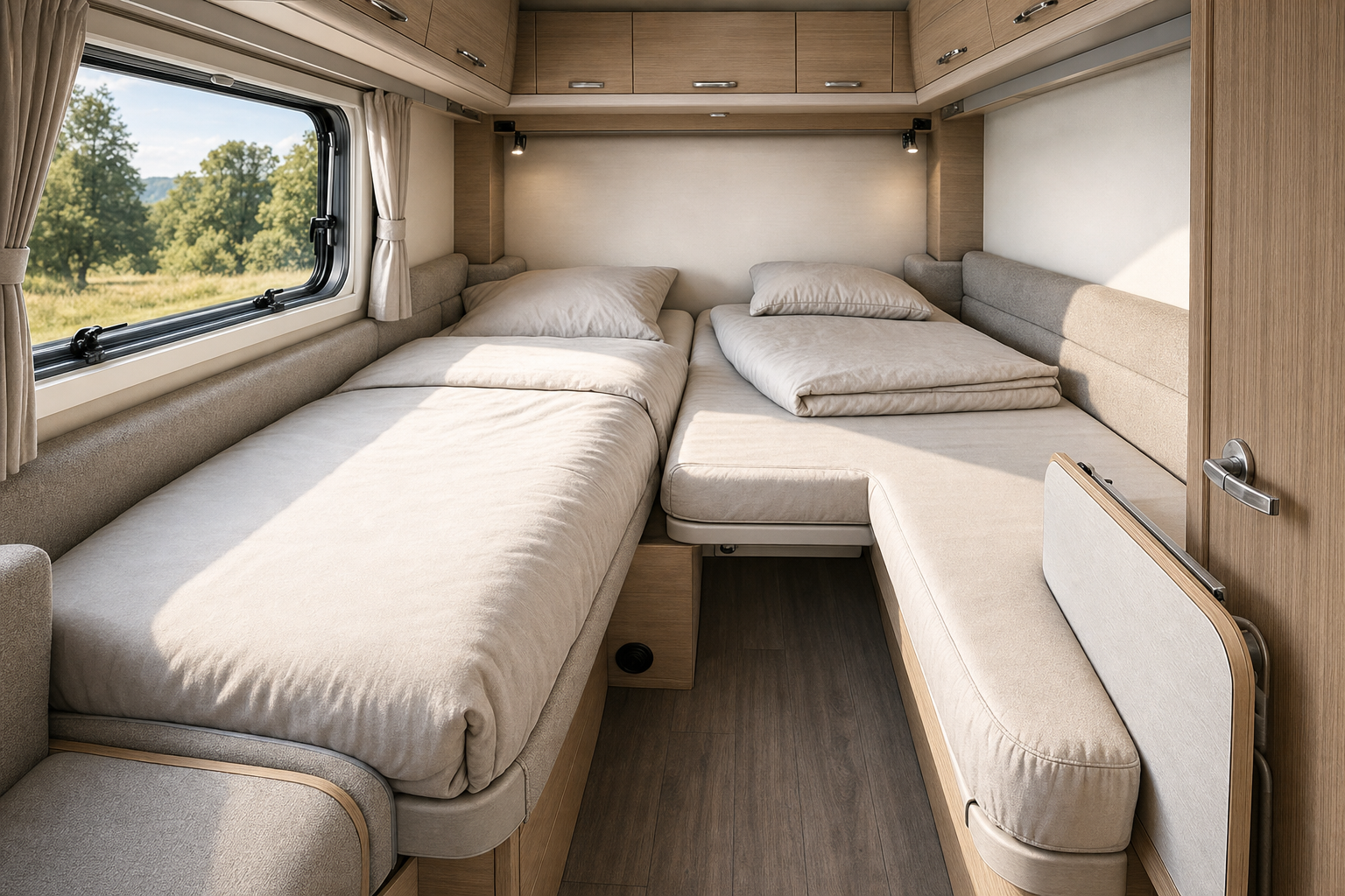 Interior of a motorhome with two neatly made twin beds and a large window revealing a scenic outdoor view.