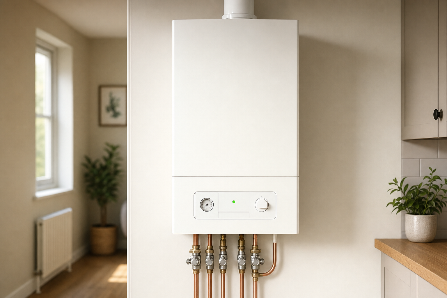 Modern white boiler mounted on a beige wall with copper pipes and a plant in a bright room.