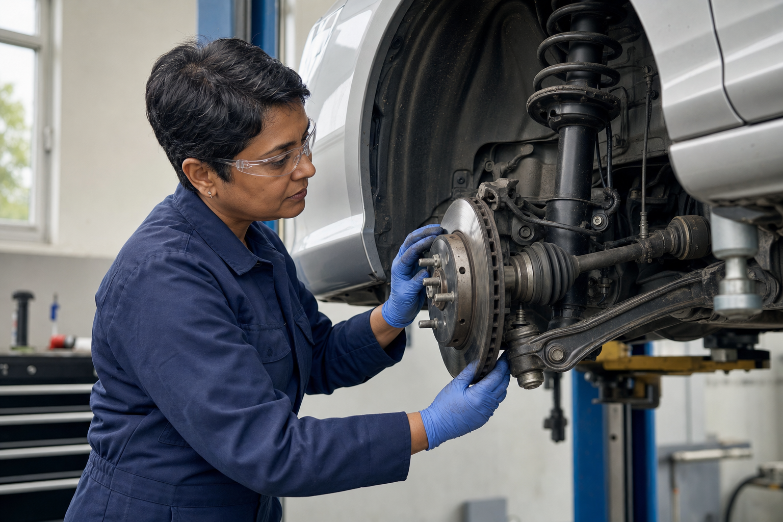 Mechanic inspecting a car's brake system while wearing blue overalls and safety glasses in a garage setting.