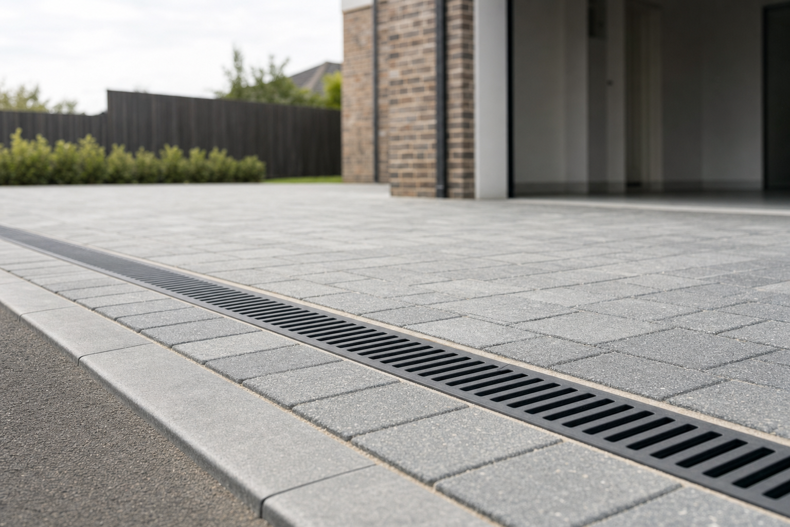 A modern driveway with grey paving stones and a black drainage grate, bordered by a brick wall and garden.