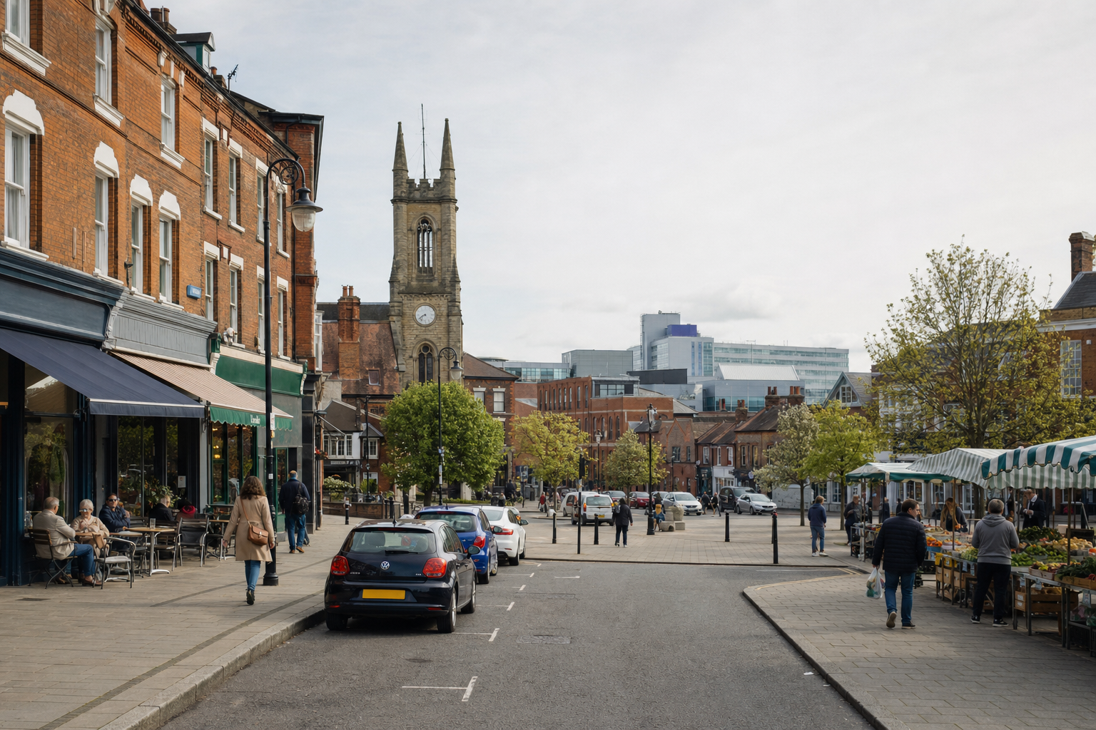 A lively street scene with people walking by shops and a church tower in the background.