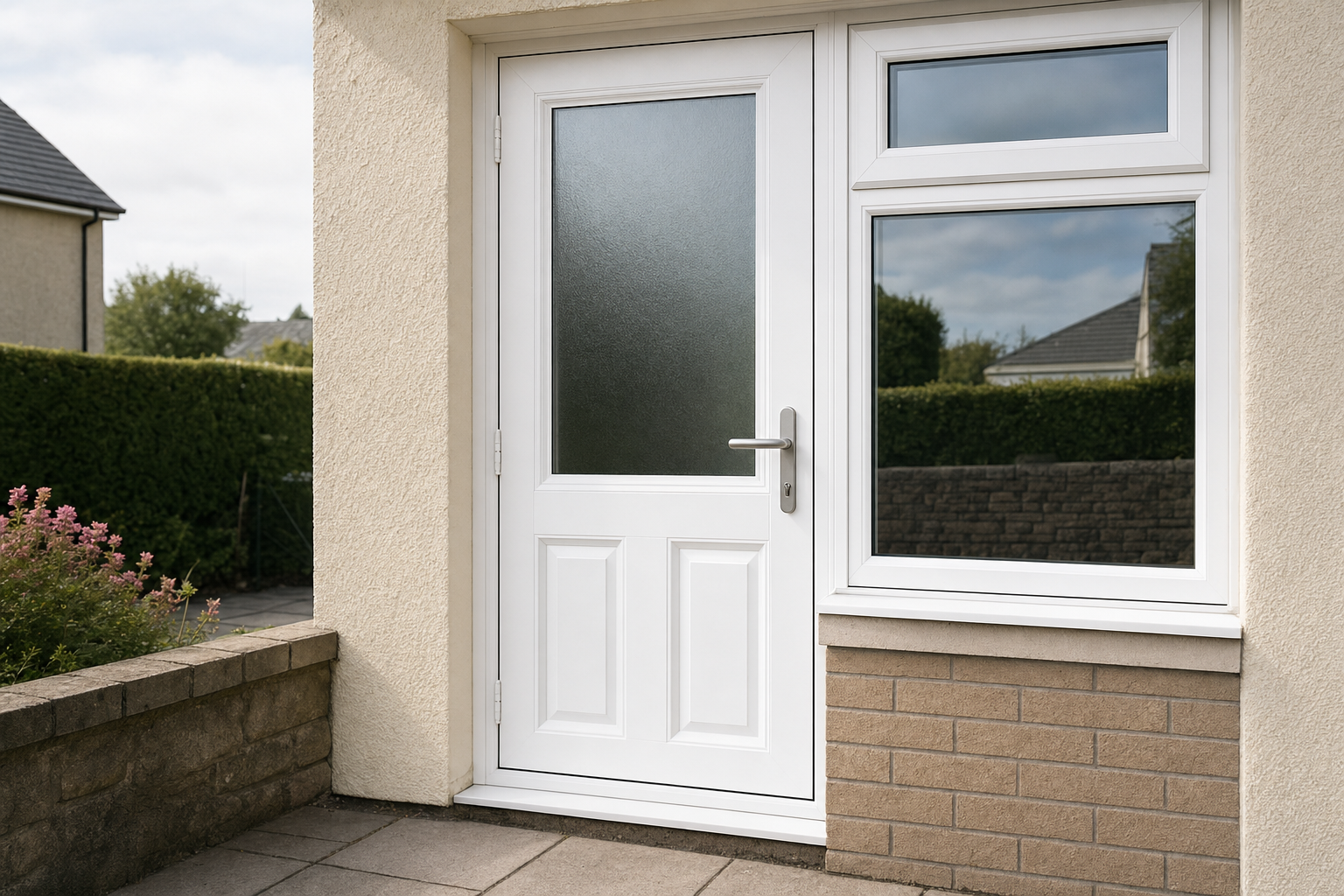 Modern white front door with frosted glass window and adjacent clear window, set in a brick exterior.