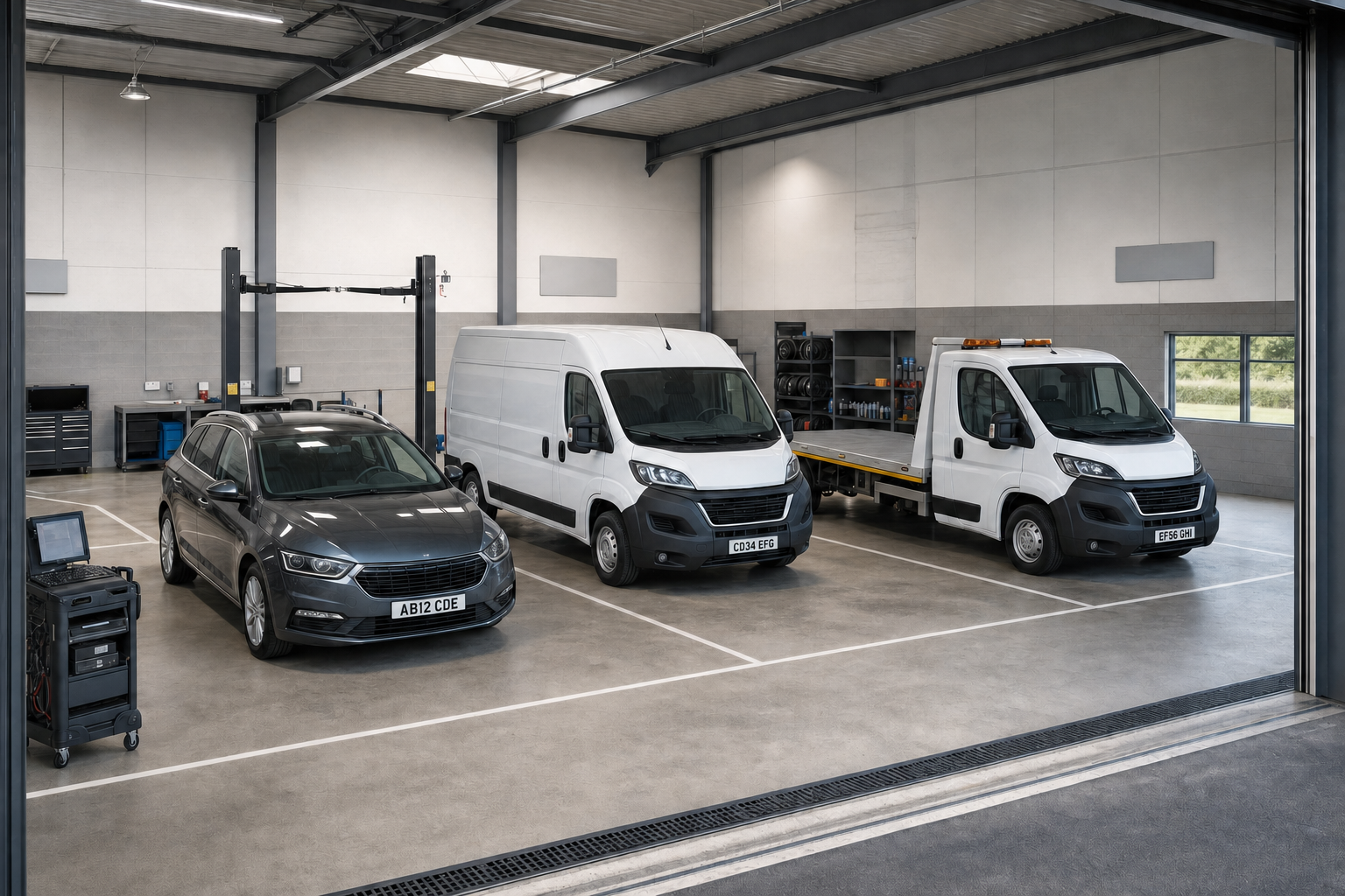 Three vehicles, including a car and two vans, parked inside a spacious, well-lit garage workshop.