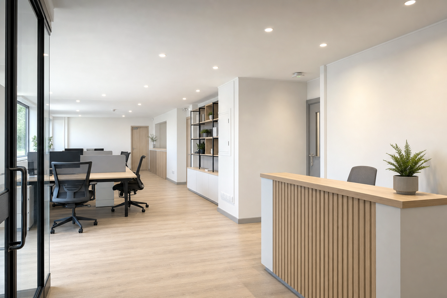 Modern office interior with a wooden reception desk, workstations, and potted plants.