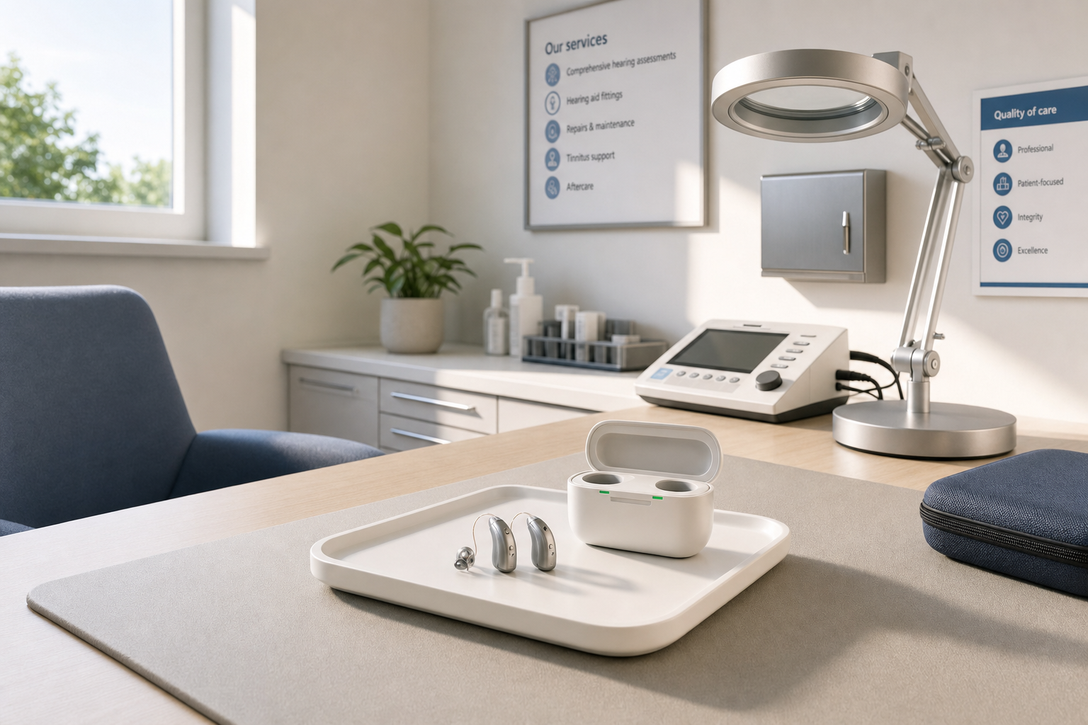 Hearing aids and a charging case on a tray in a modern audiology clinic.