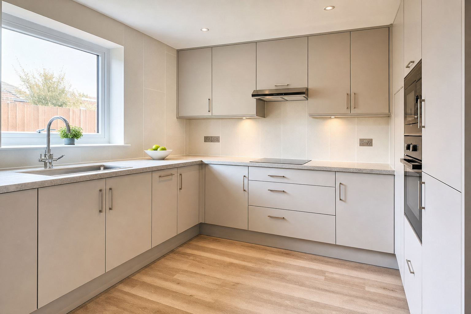 Modern kitchen with beige cabinets, wooden floor, a stainless steel sink, and a window with a view of a garden.