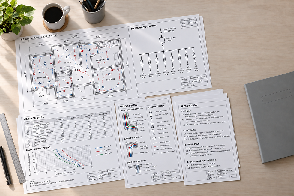Architectural blueprints and electrical plans on a wooden desk alongside a grey notebook, houseplant, and cup of coffee.