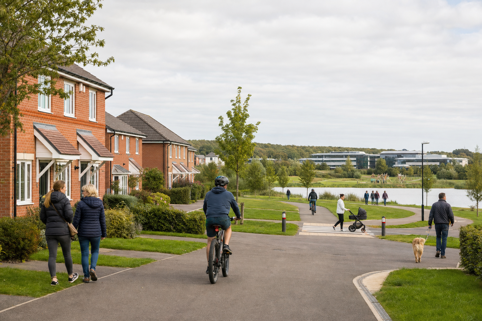 People walking and cycling along a path in a suburban neighbourhood near a pond and modern buildings.