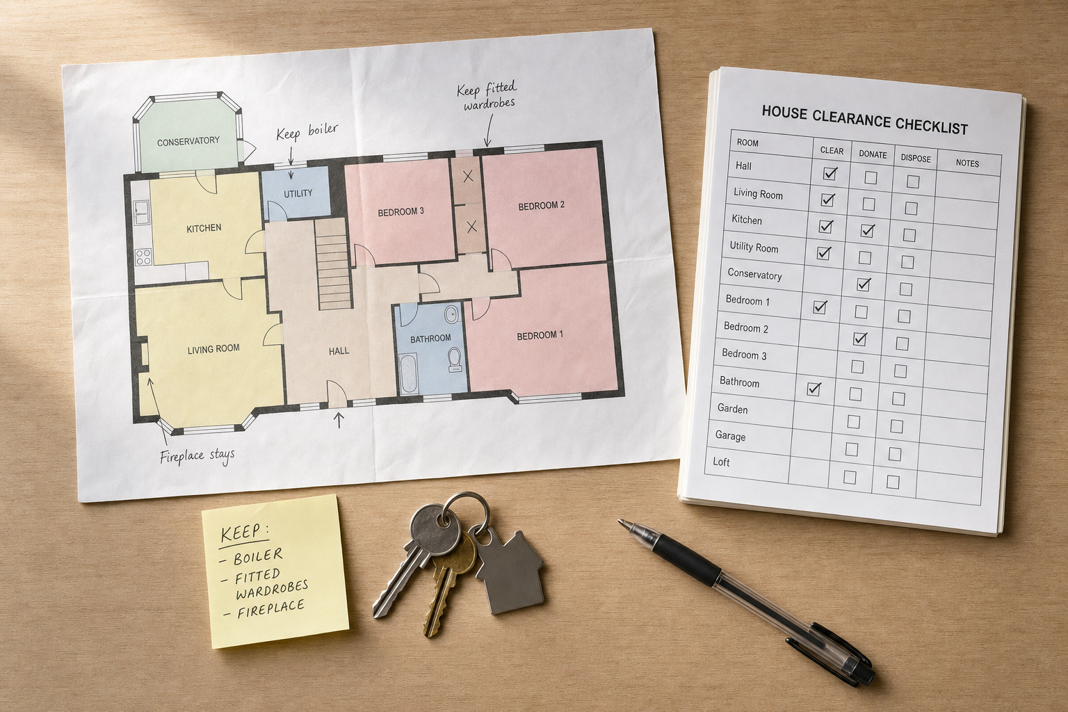 House floor plan with a clearance checklist, keys, and a note on a wooden table.