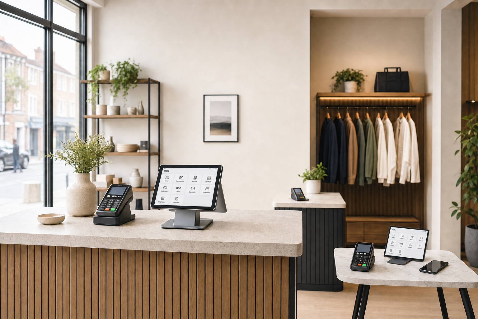 Modern retail store interior with digital point-of-sale systems, minimal decor, and neatly displayed clothing.