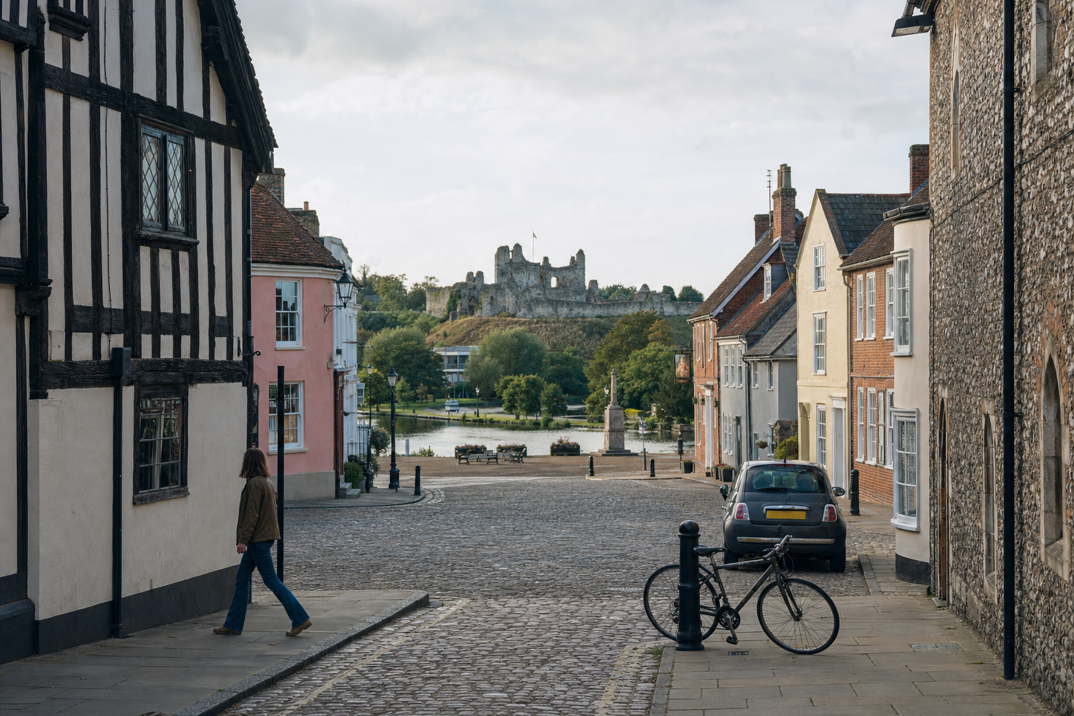 A quiet cobblestone street with colourful houses leads to a historic castle in the distance.