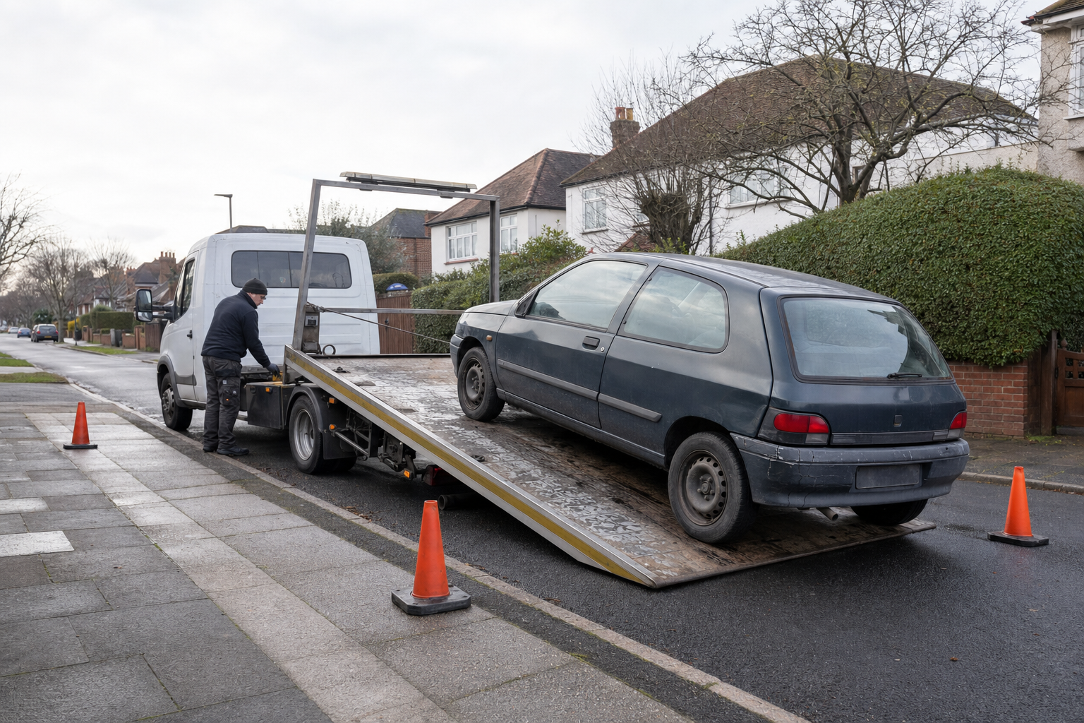 A tow truck driver loads a small car onto the ramp on a residential street.