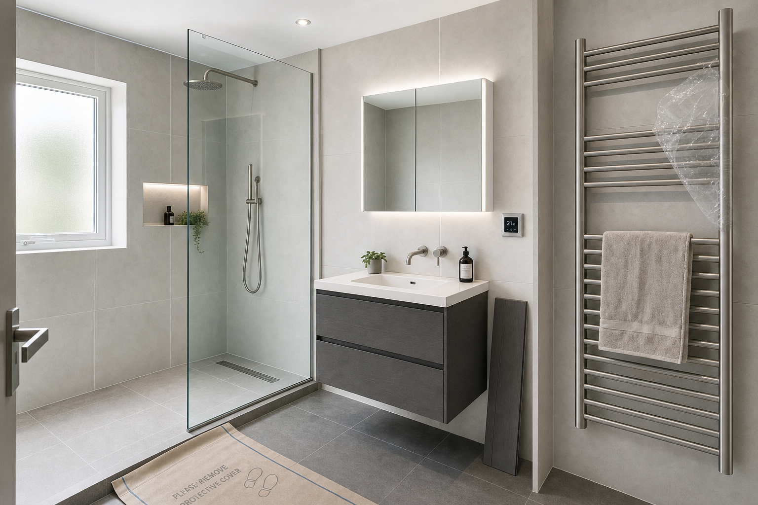 Modern bathroom with a glass shower, illuminated mirror, floating vanity, and a heated towel rail on tiled walls.