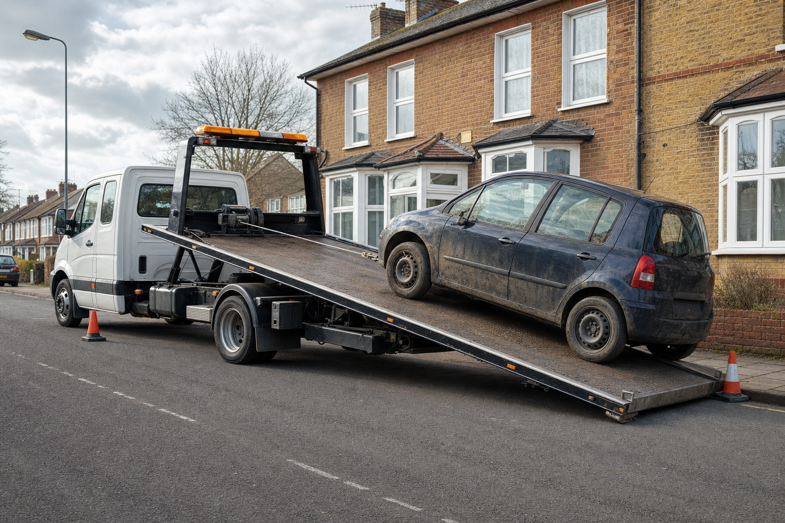 A tow truck is loading a muddy car onto its flatbed on a residential street.
