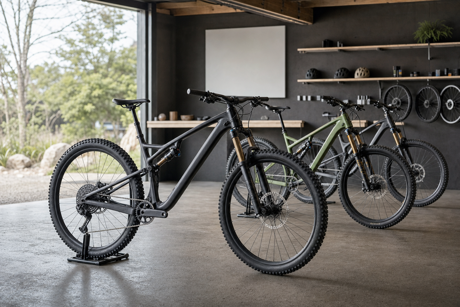 Three mountain bikes displayed in a modern showroom with shelves and greenery outside the window.