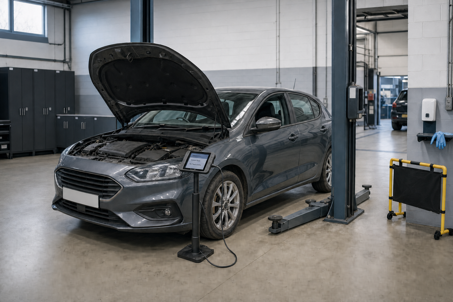 A grey car with its bonnet open is undergoing diagnostics in a mechanic's workshop.