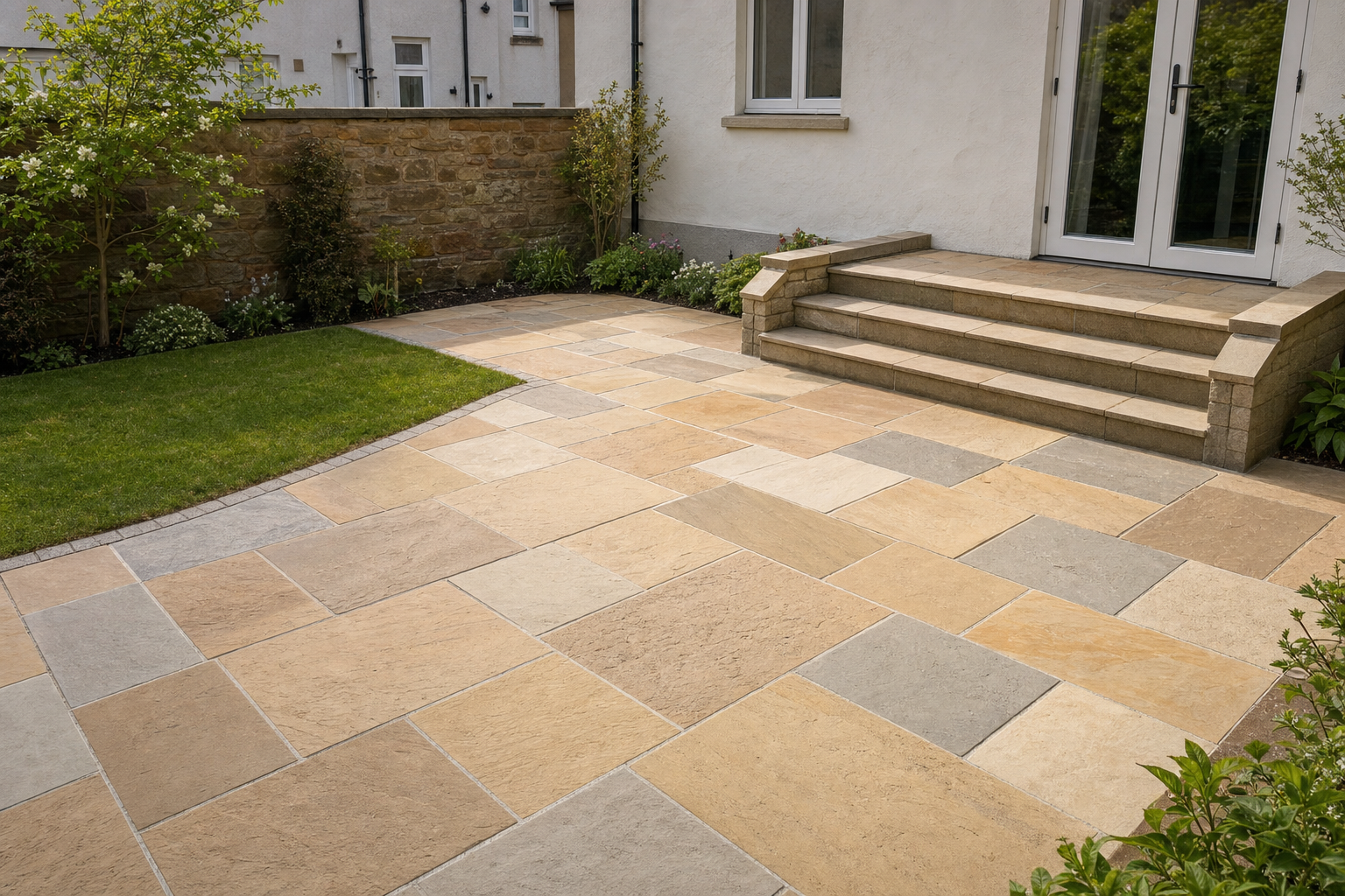A stone patio with steps leading to a white house, bordered by a lawn and garden.