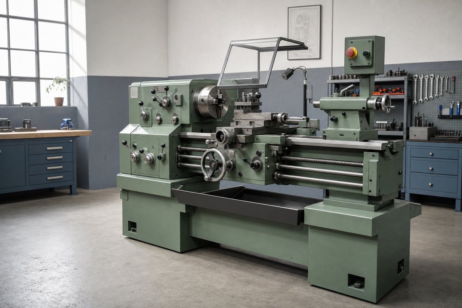 A green industrial lathe in a tidy workshop with tools and cabinets in the background.