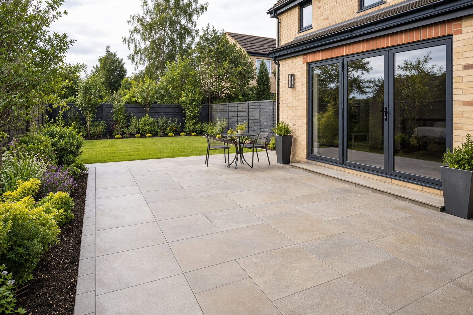 A modern patio with tiles and a small table set, adjacent to a garden with shrubs and a grassy lawn.