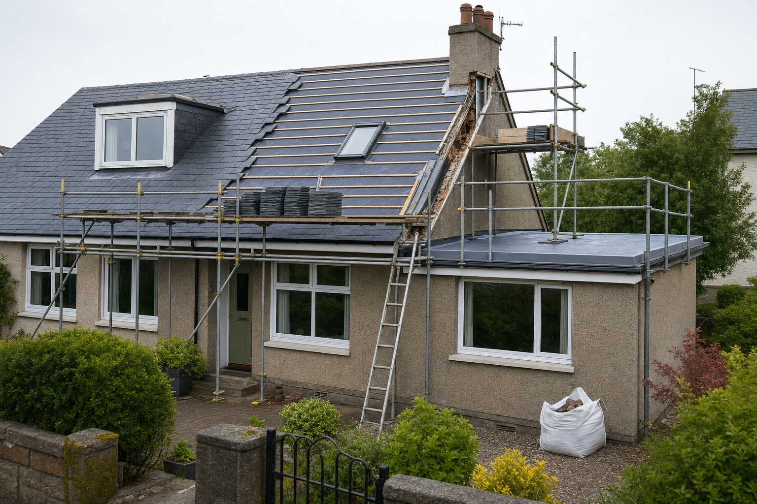 House undergoing roof renovation with scaffolding and ladders in place, partially completed slate tiling visible.