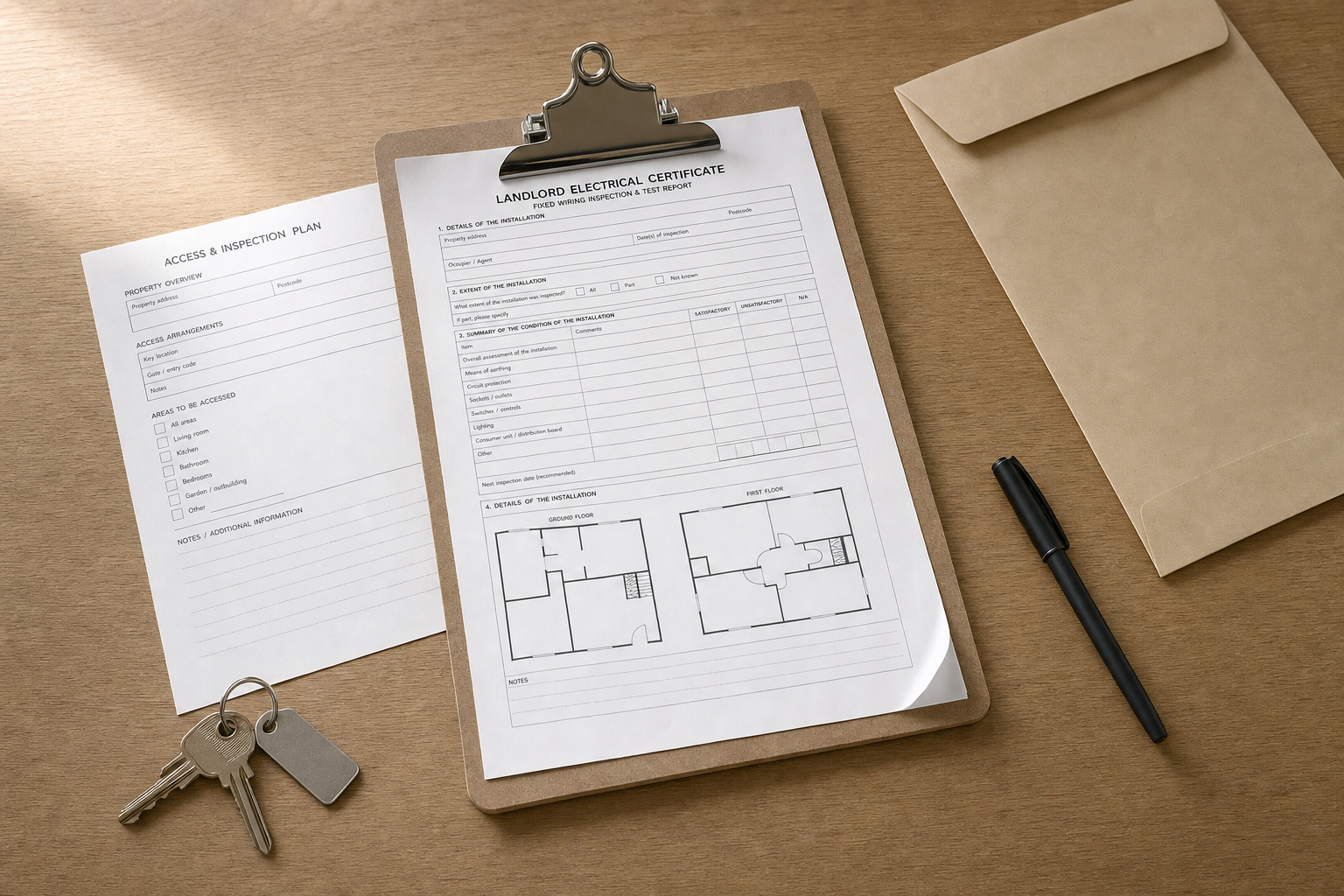 A clipboard with a landlord electrical certificate, keys, a pen, and an envelope on a wooden desk.
