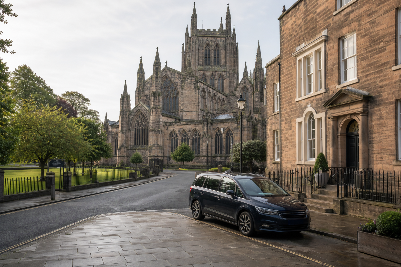 A grand cathedral towers over a quiet street lined with classic stone buildings and a parked car in the foreground.