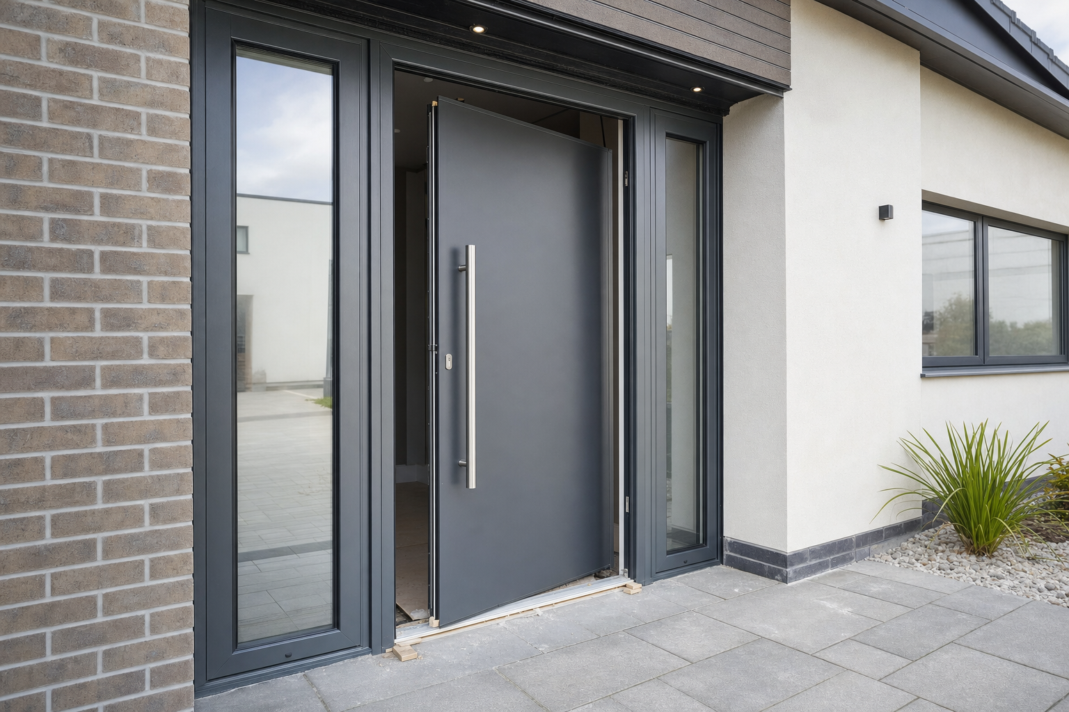 Open contemporary grey front door with glass panels, leading into a modern building with brick and white walls.