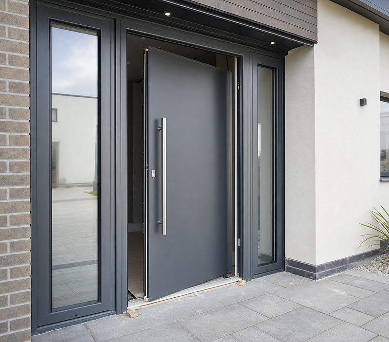 Open contemporary grey front door with glass panels, leading into a modern building with brick and white walls.
